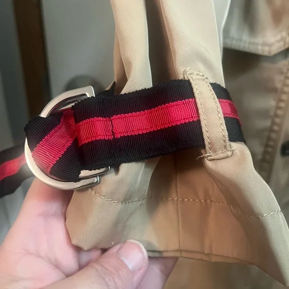 NWOT Rachel Roy Grosgrain Trim Tan Trench Coat Red/Black Ribbon Accents Sz Small - Picture 3 of 8